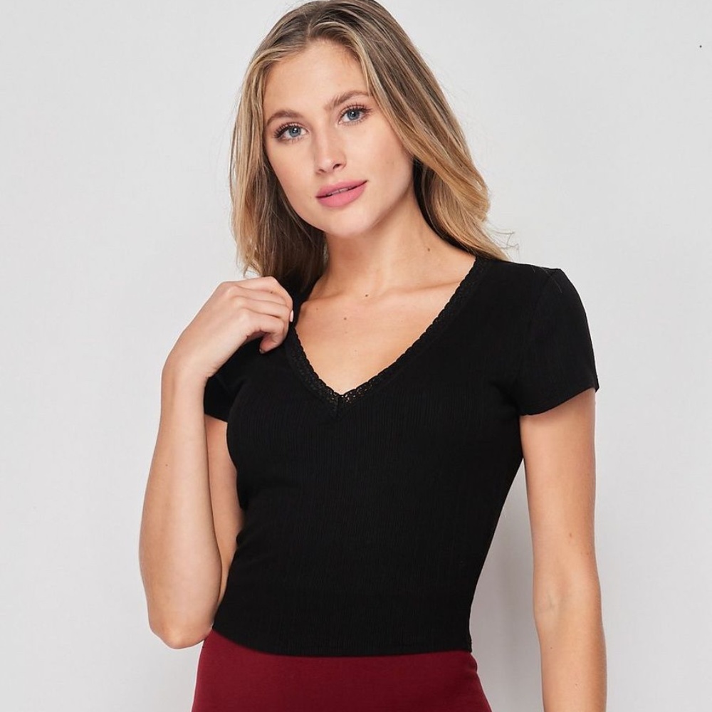 Blank Lewks Zamara Lace V-Neck Ribbed Tee